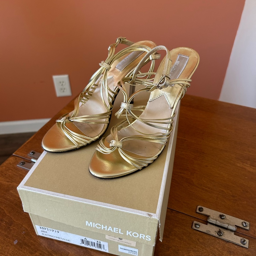 MICHAEL KORS “JINX” metallic gold women’s strappy heels